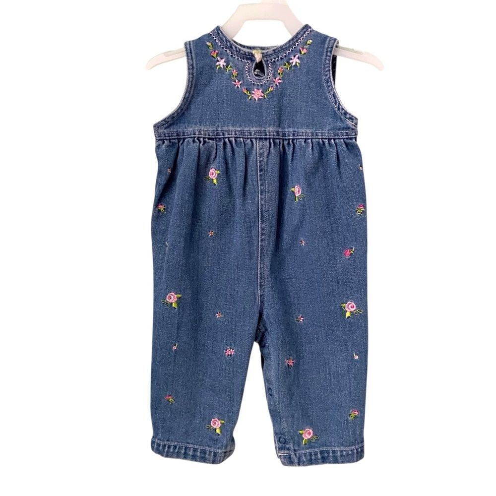 Vintage Embroidered Floral Denim Kids Overalls 100% Cotton in Size 6/9 Months